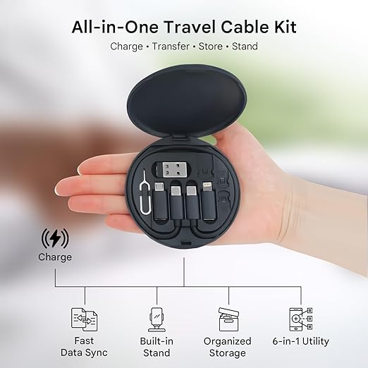 Mini Multi-Functional Fast Charging Data Cable Set for Apple, Android, Type C Charging with Retrieve Card Pin,Round Storage Box,Compact and Portable USB Data Cable Storage Box-Black