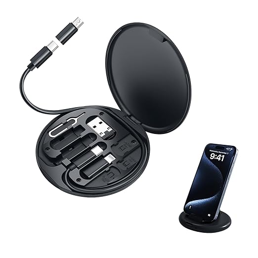 Mini Multi-Functional Fast Charging Data Cable Set for Apple, Android, Type C Charging with Retrieve Card Pin,Round Storage Box,Compact and Portable USB Data Cable Storage Box-Black